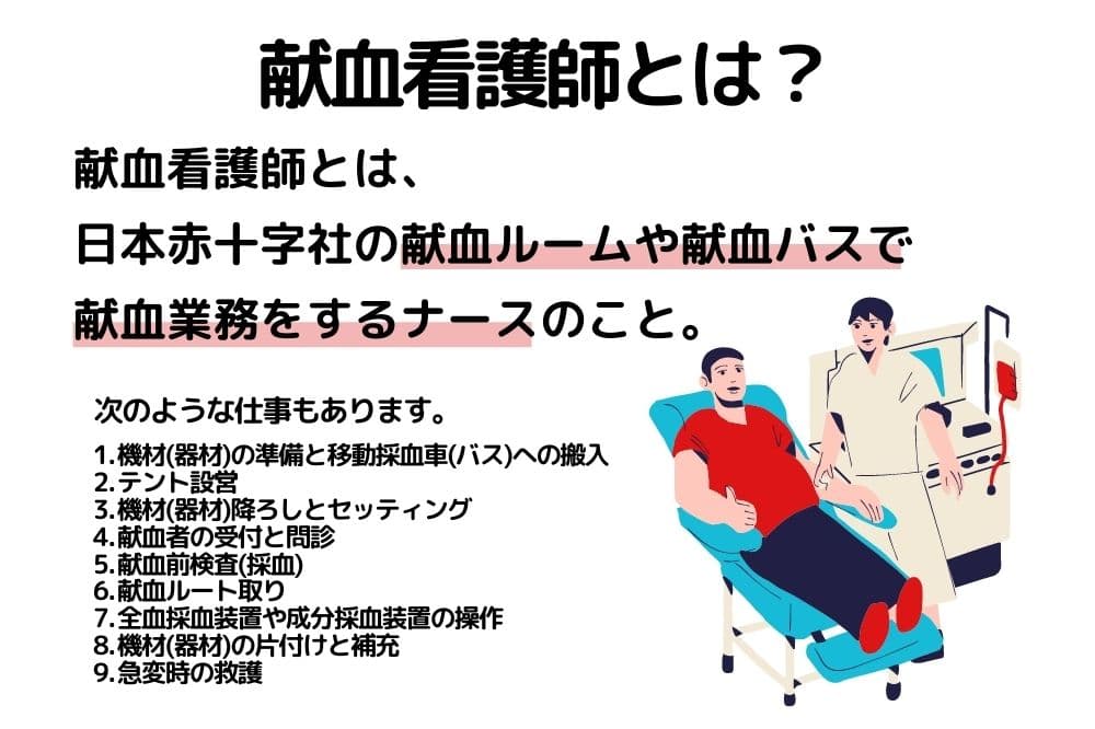 献血看護師とは、日本赤十字社の献血ルームや献血バスで献血業務をするナースのこと。